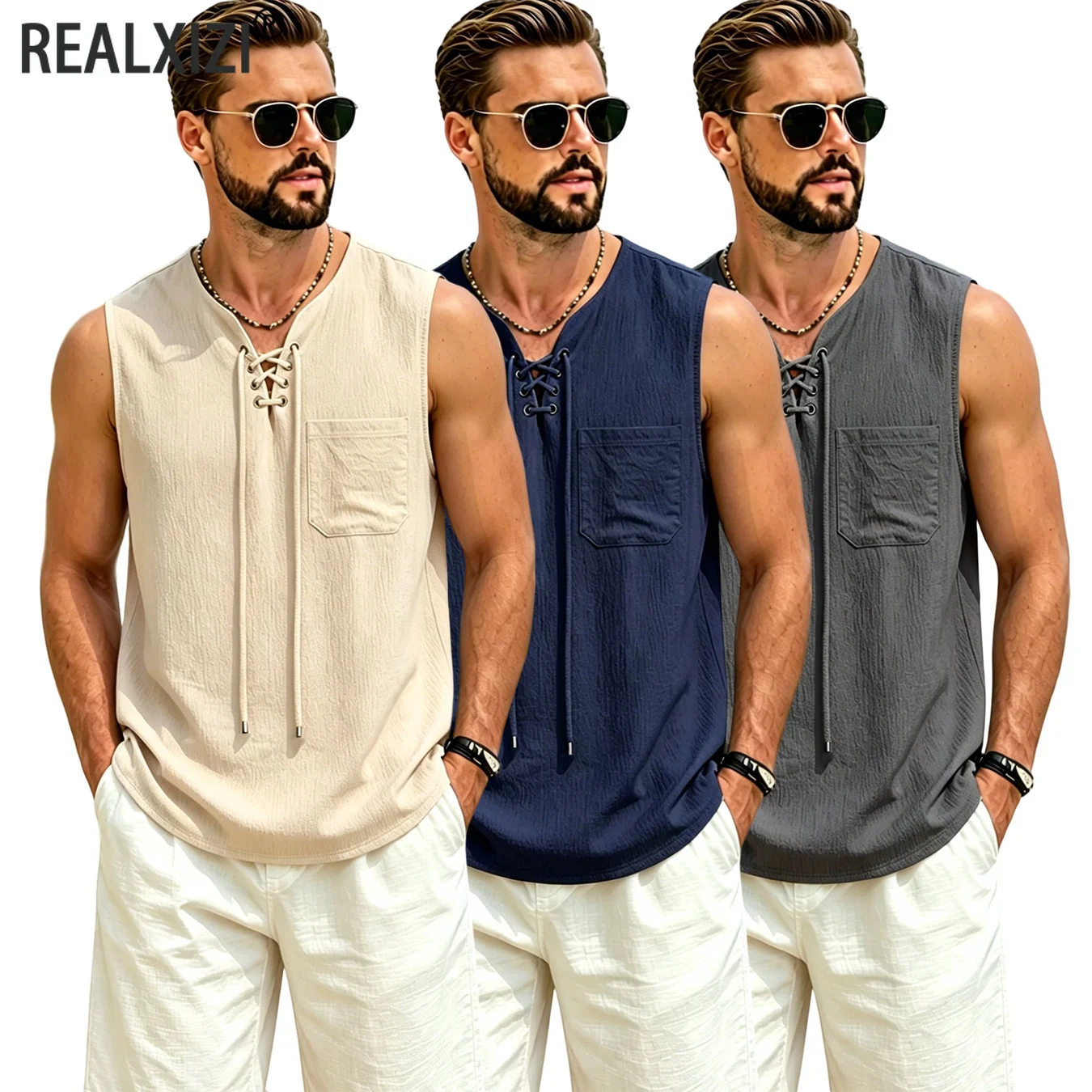 Summer Men's Casual Vest Breathable Seersucker Sleeveless Shirt Multi-Color Drawstring Retro Bohemian Beach Tops Men