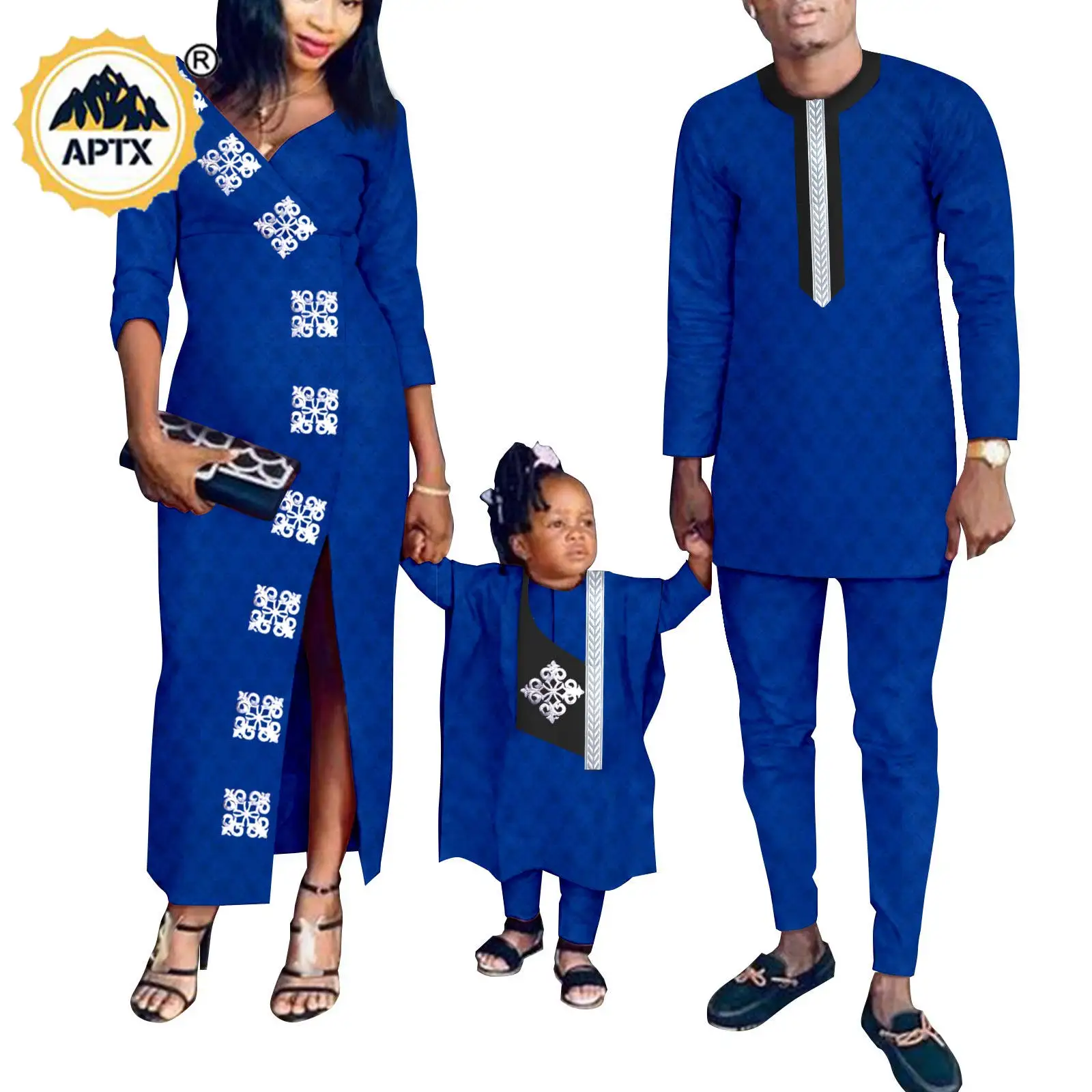 African Family Clothes Bazin Riche Men Top and Pants Sets Matching Women Dress Kid Agbada Muslim Sets Dashiki Kaftan Y23F002