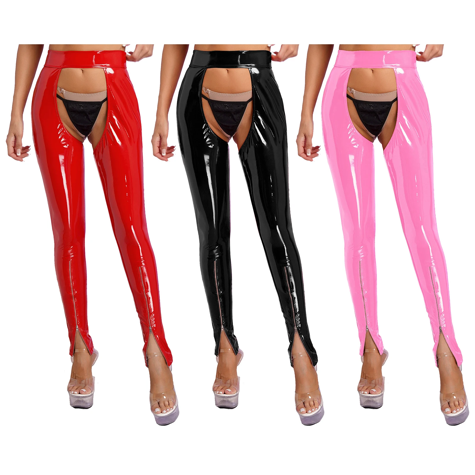 

Women's Wetlook Leggings PU Leather Trousers Open Crotch Butt Lingerie Tights Long Pants Sexy Lingerie Night Clubwear Rave Party