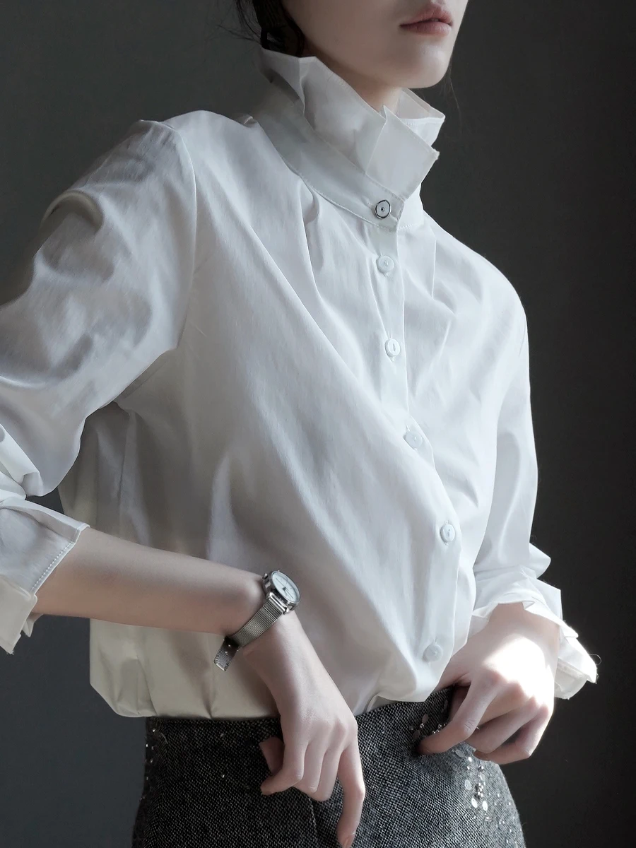 

Warmo2026 Spring New Simple Sli Pred Pleat Stand Collar Long Sve Slimming Commuting Top Women's irt Cotton Polyes...