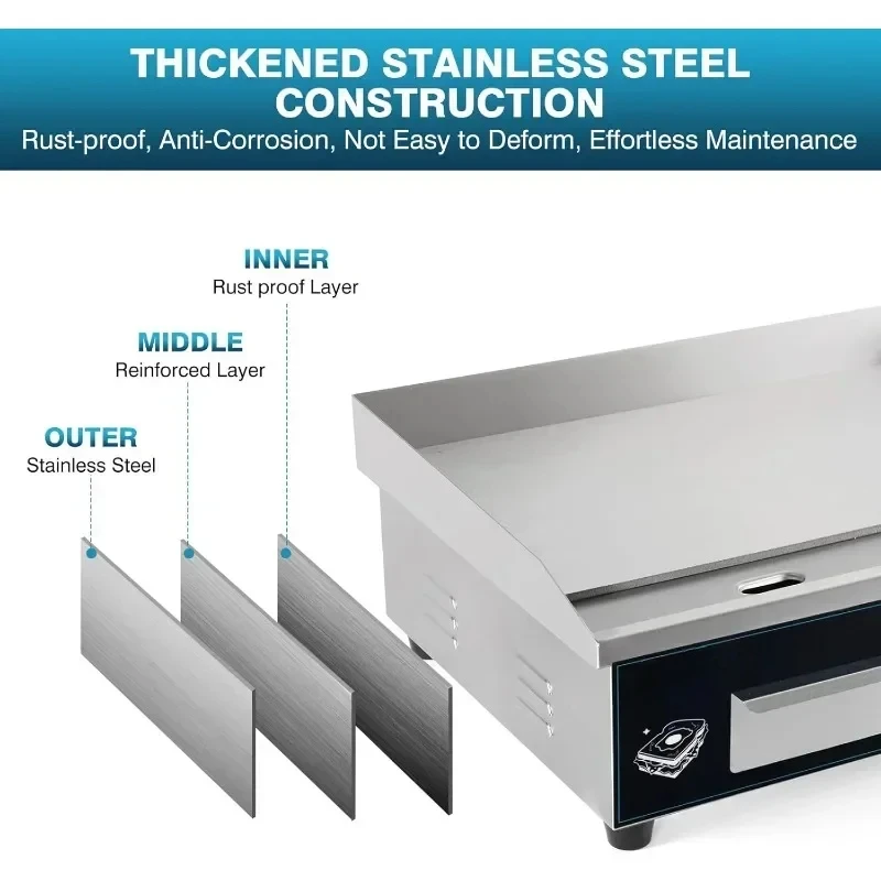 Commercial Electric Griddle Electric Flat Top Grill Stainless Steel Countertop Non-stick Adjustable Temperature