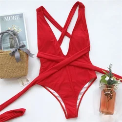 Sexy Red Cross Bandage Backless Swimwear costumi da bagno interi donna 2024 cinghie annodate costume da bagno tute con scollo a V