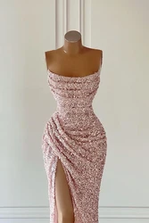 Sexy Pink Sequined High Split Evening Dresses Pleat Mermaid Strapless Sleeveless Ladies Party Banquet Custom Made Prom Gown Robe