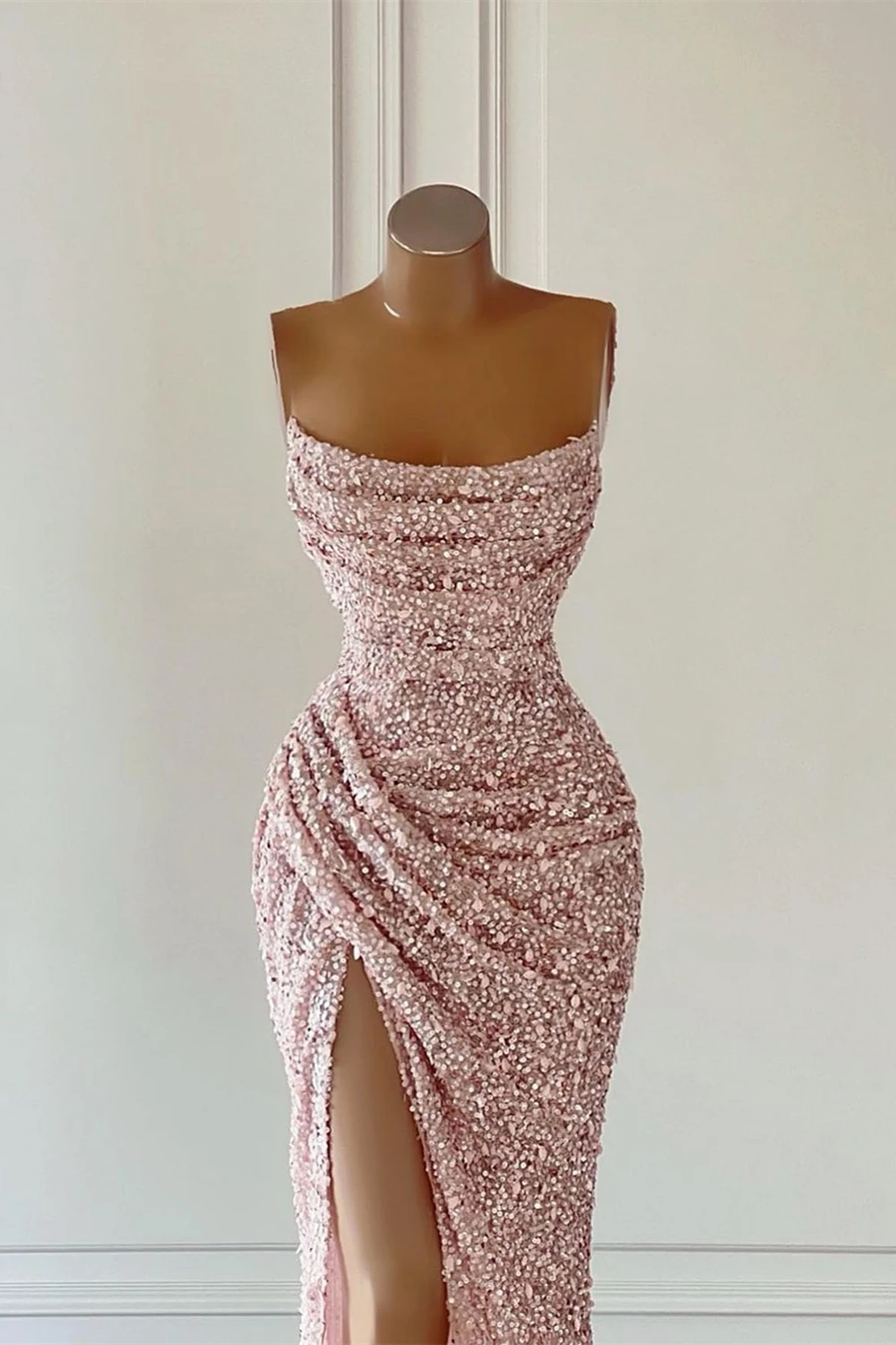 Sexy Pink Sequined High Split Evening Dresses Pleat Mermaid Strapless Sleeveless Ladies Party Banquet Custom Made Prom Gown Robe