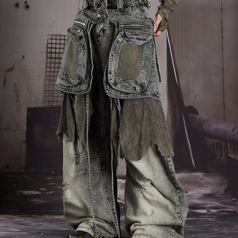 MWJLPWQ Retro Washed Mesh Layer Cargo Denim Jean Multi Zipper Pocket Rip Detail High Waist Men Grunge Street Loose Bottom 16939