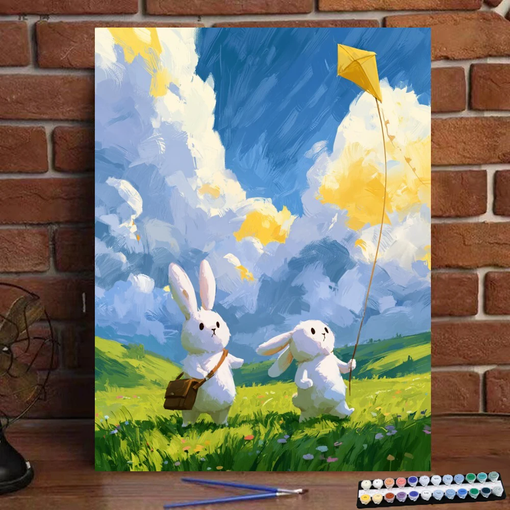 Painting By Numbers Two rabbits chasing the cloud kite DIY Hand Painted Oil Painting Canvas Colouring Unique Gift Home Decorate