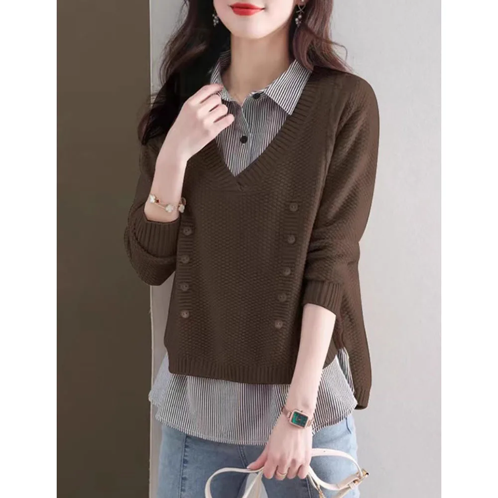 

Spring Autumn New Women Sweater Korean Loose Fake Two Pieces Knitted Tops Long Sleeve Shirt Collar Stripe Pullovers Women Jumper
