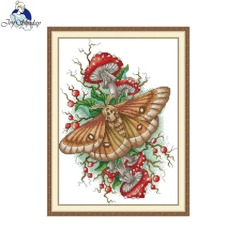 

Cross Stitch Kit Joy Sunday Butterflies and Mushrooms HD Pattern Printed Counted Fabric Aida 16/14/11CT DIY Embroidery Kit
