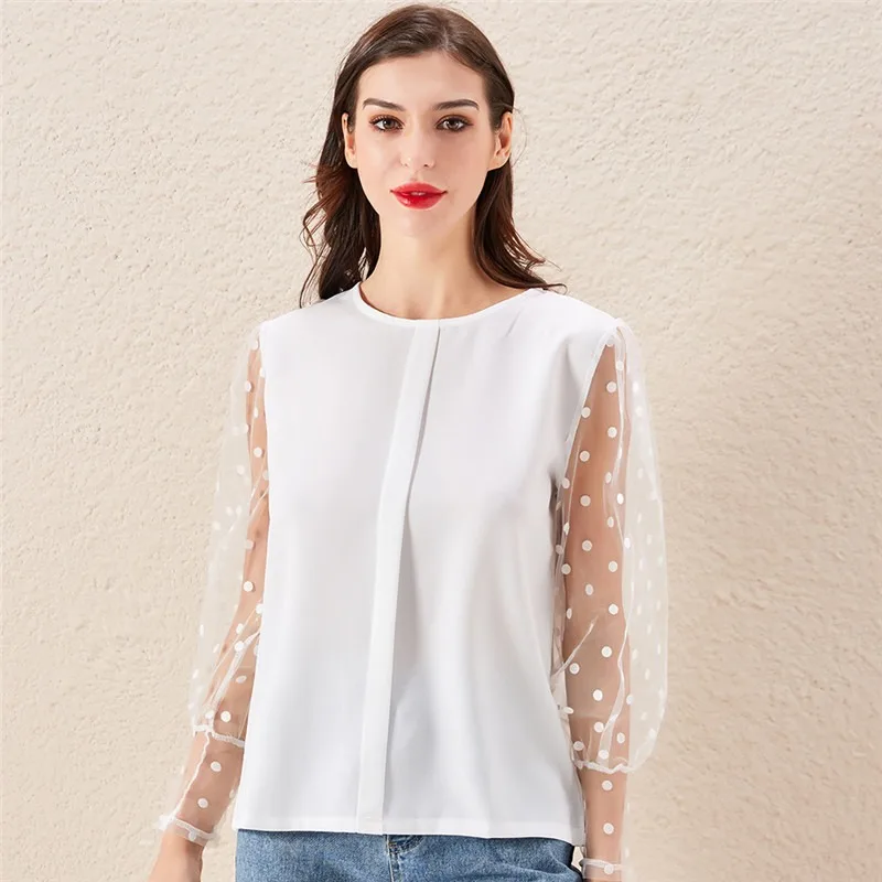 Elegant Ruffle Puff Long Sleeve Tops Autumn Patchwork Beaded Sheer Mesh Blouse Sexy O Neck Hollow Out Women Shirt Blusa Pullover