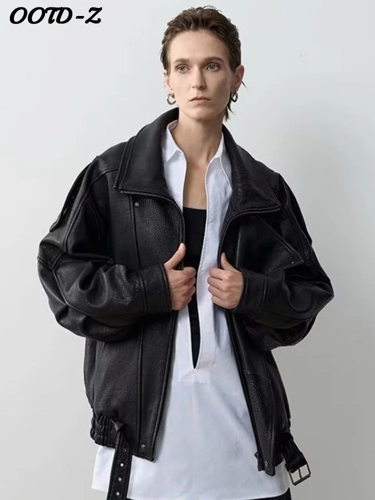 

Street PU Leather Jacket Women Solid Full Sleeves Belts Stand Collar Zipper Pockets Jackets Female 2025 Autumn Edgy Lady Coats