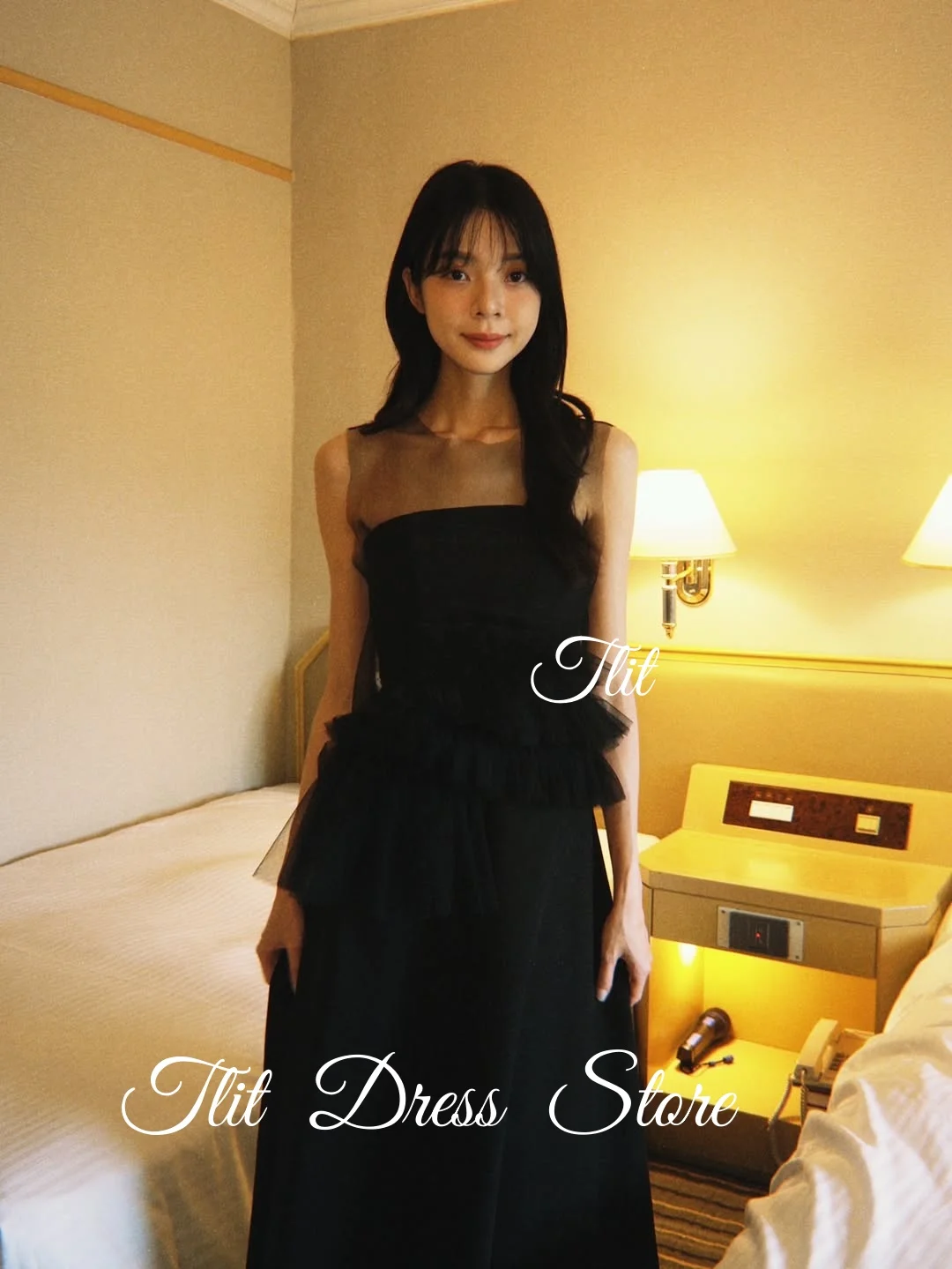 TLIT أنيق أسود الحرير الساتان ألف خط فستان الزفاف مخصص س الرقبة الأسود تول فستان زفاف كوريا فستان الزفاف صور تبادل لاطلاق النار #6