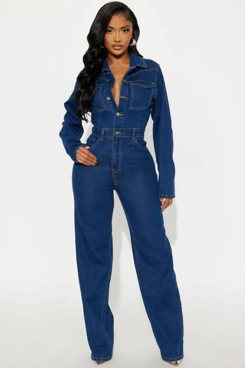 

Vintage Denim Jumpsuits Spring Clothes Women Long Sleeve Lapel Collar Straight Jeans Rompers Playsuits One Piece Outfit Overalls