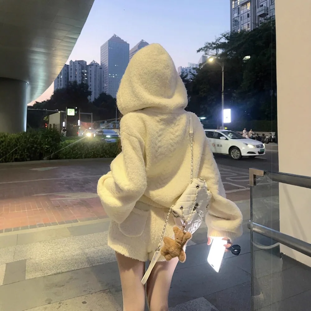 Autumn Winter Knitted Women's Loose Hoodie Coat Japanese Korean Fashion Sweet Hoodie and Shorts Two Piece Set Sweatshirt