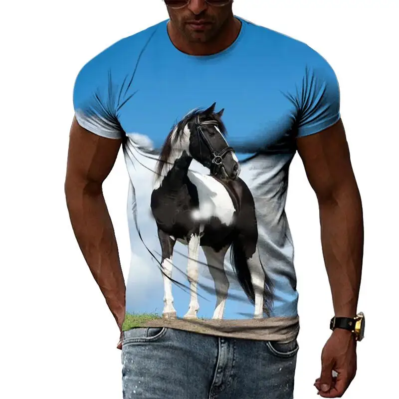 Men's Summer Fashion Graphic Horse T-Shirt 3D Print Casual Hip Hop Harajuku round Neck Short Sleeve Tee