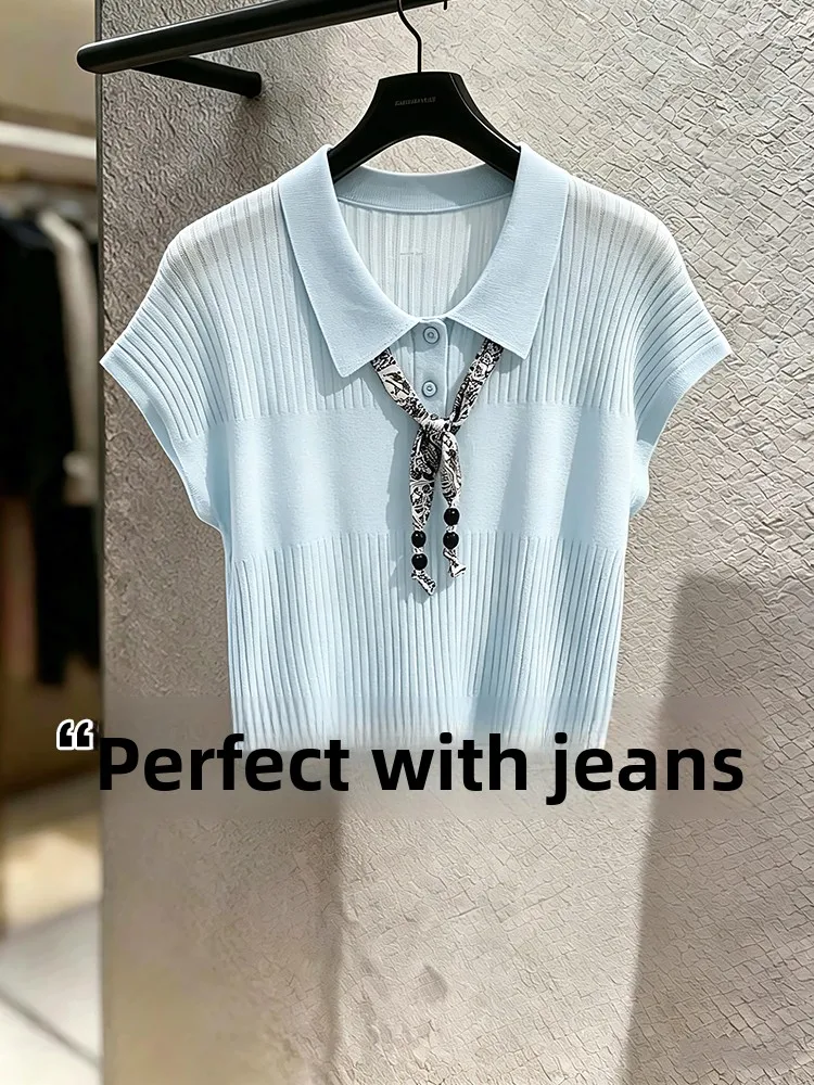 

Blue Knitted Short Sleeve T-Shirt Women's Summer Outerwear Inner Match Base Silk Scarf Belt Luxury Versatile Slimming Top