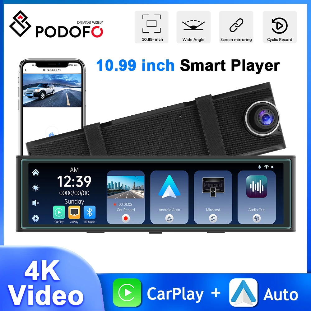 

Podofo 10,99-дюймовый автомобильный зеркальный монитор с записью 4K, автомобильный видеорегистратор Carplay, Android, WIFI, ночное видение, FM BT, навигация, автомобильный видеоплеер