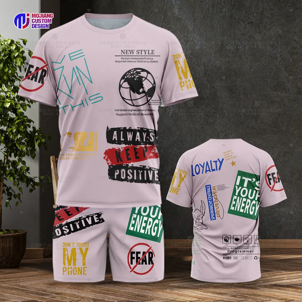 Summer Men's T-Shirt Suit Harajuku Fashion Korean Print Short-Sleeved Top Shorts Casual Men's Street Fashion Trend Clothing