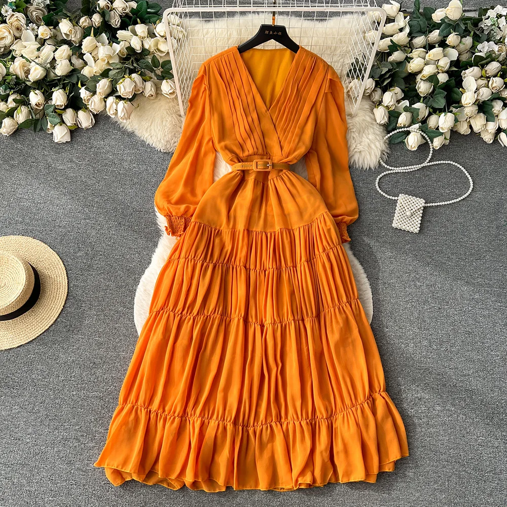 

Croysier Women Dresses 2023 Fashion Streetwear Solid Chiffon Dress With Belt Crossover V Neck Long Sleeve Ruched Midi Dresses