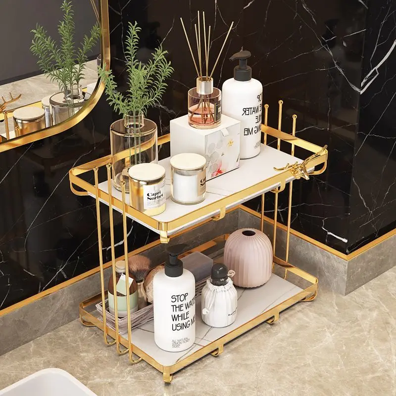 Luxury Metal Frame Rock Baseplate Cosmetics Storage Rack Dresser Desk Skin Care Product Shelf Washstand Holder