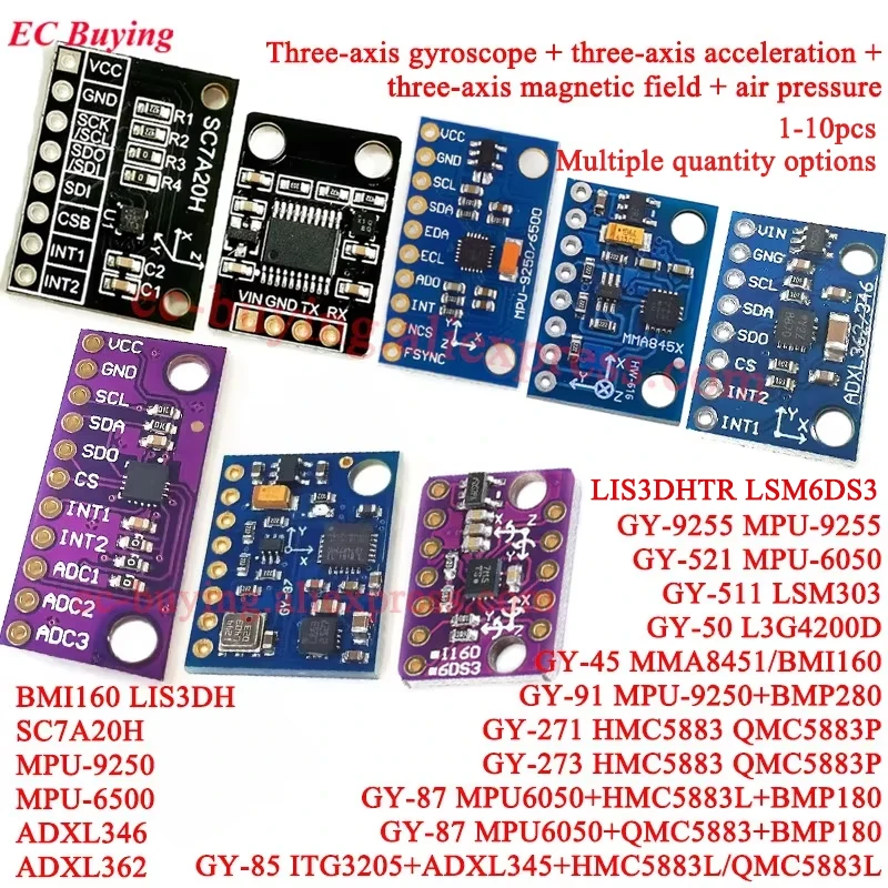 Módulo de Sensor de Giroscopio, Acelerómetro y Magnetómetro de 6/9 Ejes y 10DOF, GY-9250 BMP280 GY-91 MPU6500 MPU9250 HMC5883L LIS3DH BMI160