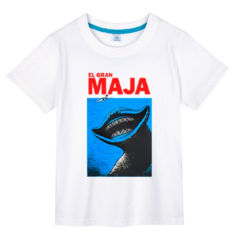 Camiseta de tiburón El Gran Maja para niños, camiseta parodia de mandíbulas de dibujos animados para niño, pantalón corto informal de algodón, camisetas de manga para niño y niña, ropa diaria