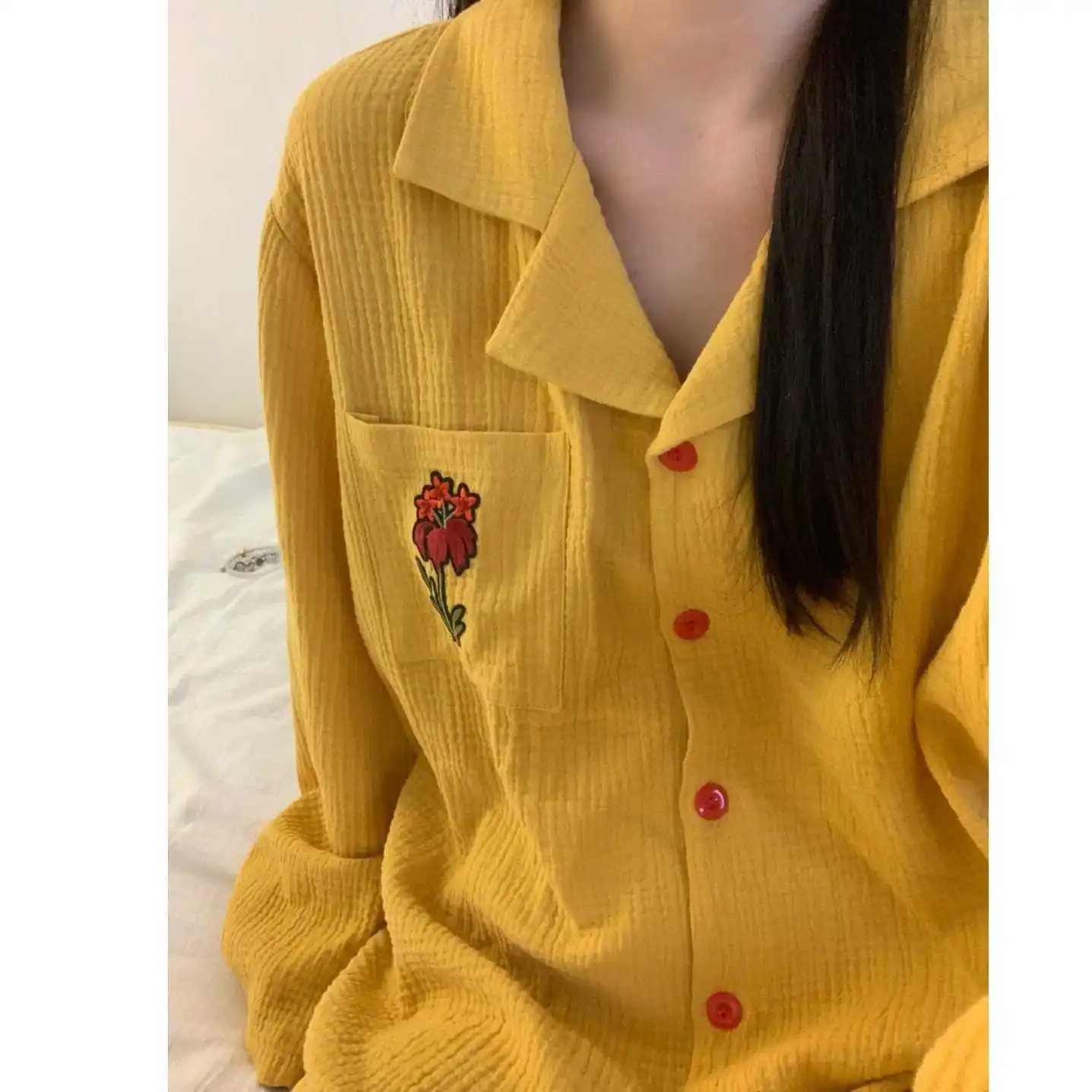 

Simple Floral Solid Color Cotton Yarn Sleepwear for Women's Autumn New Style Loose Long Sleeved Pants Home Set Can Be Worn Outsi