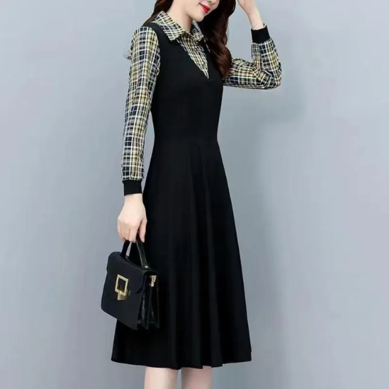 فستان نسائي بأكمام طويلة فضفاض مناسب مناسب ، ياقة بولو ، أزرار مرقعة ، منقوشة ، مزيفة من قطعتين ، متعددة الاستخدامات ، خريف ، شتاء ، موضة