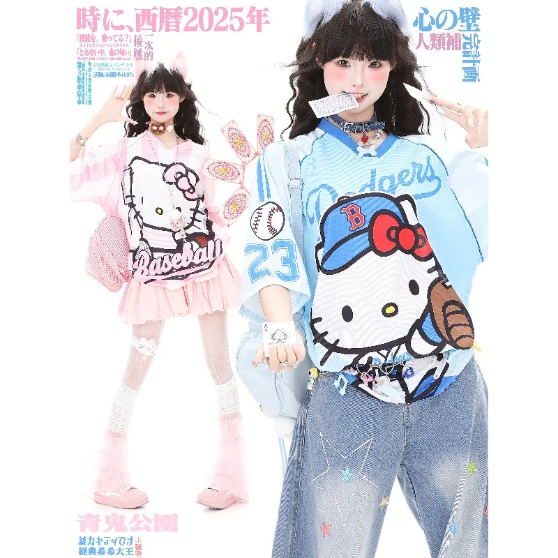 Miniso Cute Cartoon American Retro Street Handsome Sweet Cool Printed Baseball Shirt Summer New for Men and Women