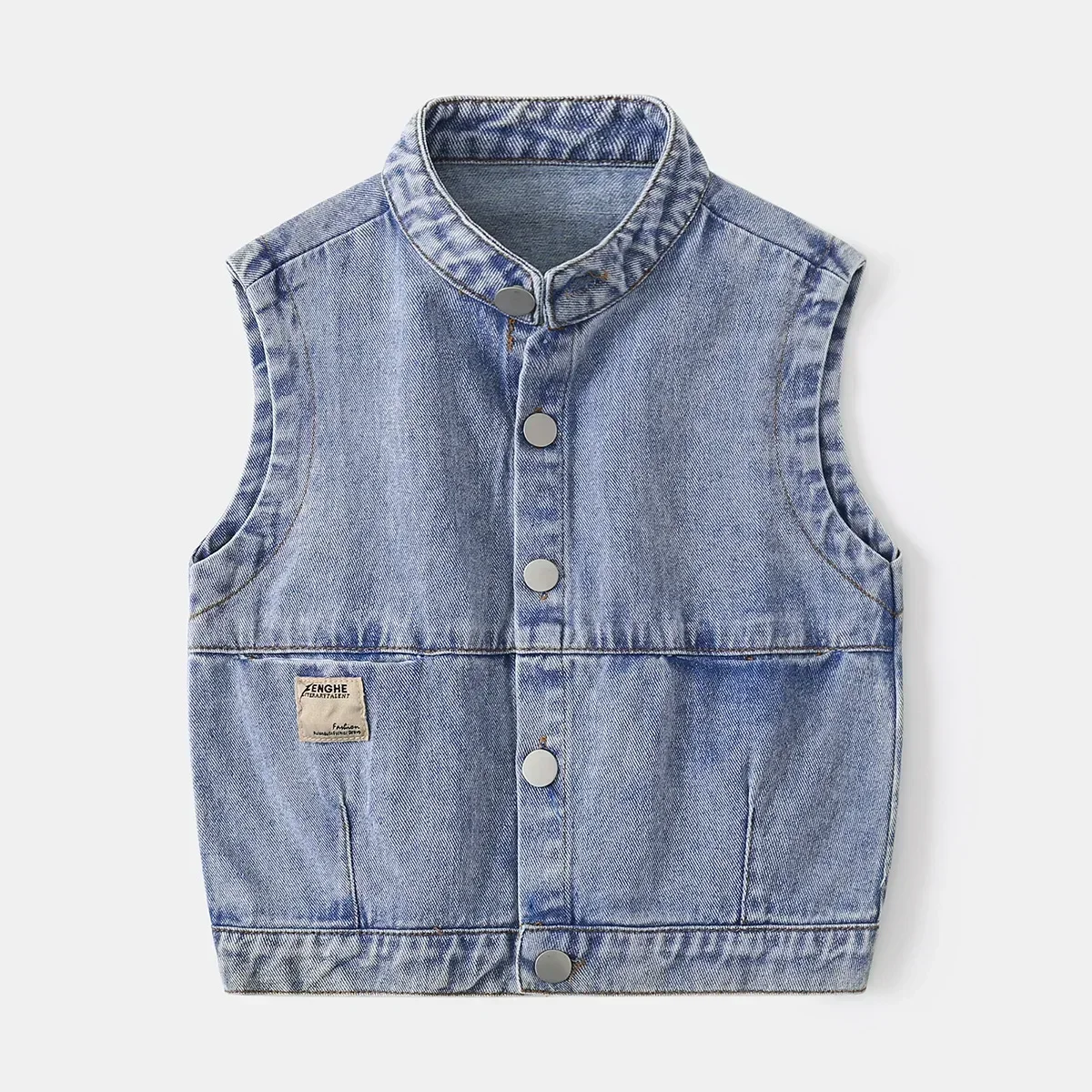 

New 2024 Autumn Kids Stand Collar Sleeveless Denim Waistcoat Boys Fashion Denim Vest Jacket Streetwear Children Clothing