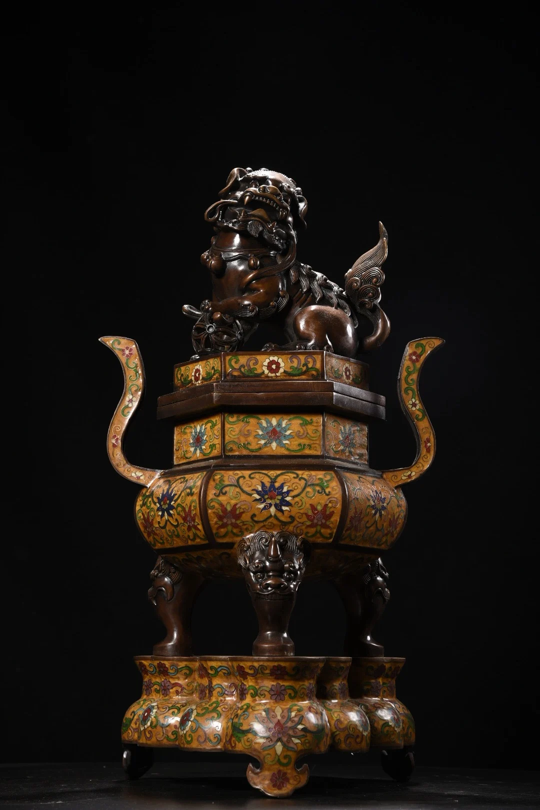 

23"Tibetan Temple Collection Old Bronze Cloisonne Enamel Lion Statue Ruyi Ear Hexagonal Incense Burner Amass wealth Town house