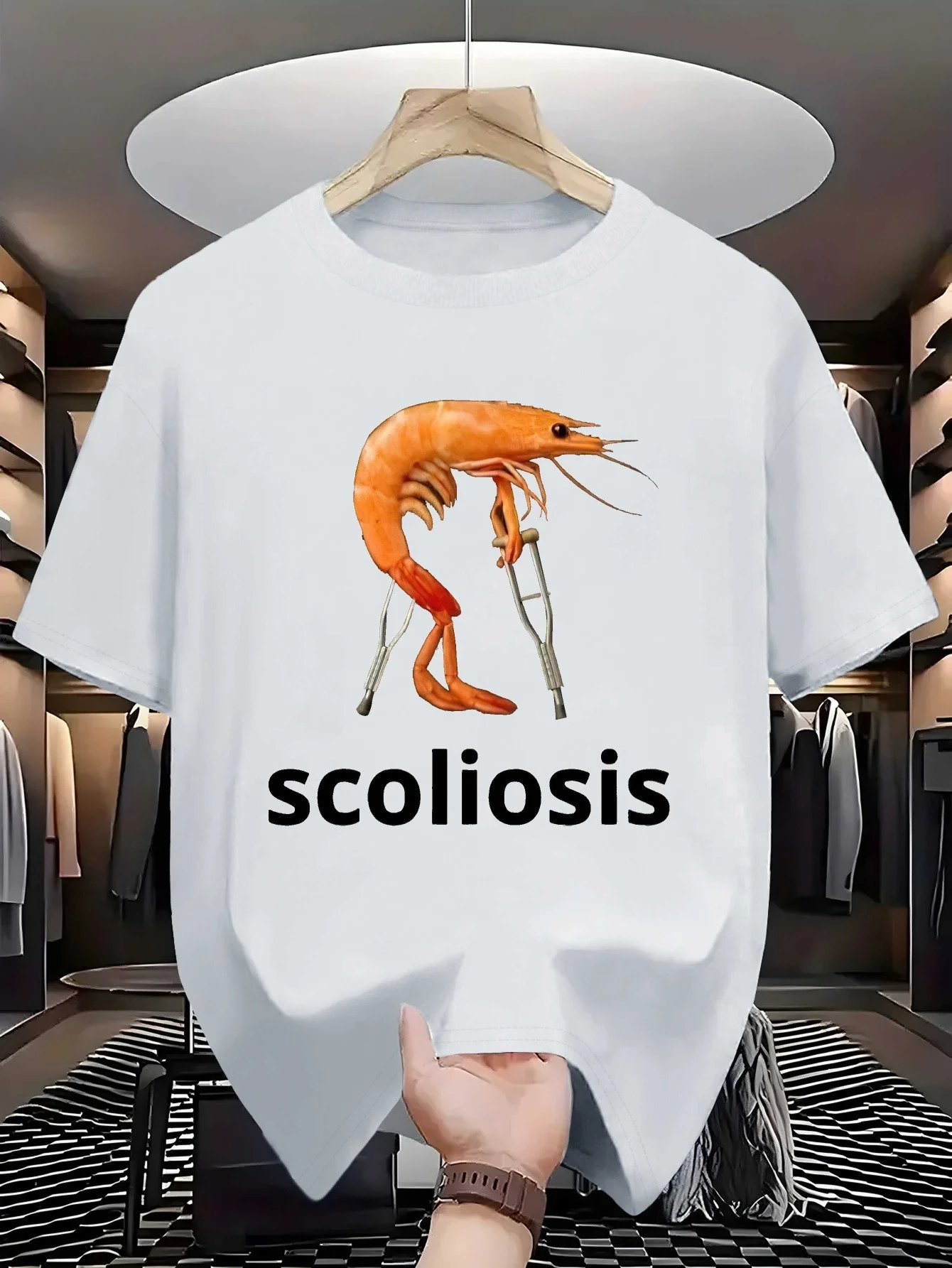 Patterns Shrimp Scoliosis Men's Women T Shirt Cotton Tee Meme Top Streetwear Oversized Ironic Humor Weirdcor Sarcastic Hilarious