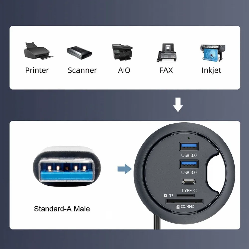 Imagem -06 - Usb 3.0 Desktop Flush Mount Hub Usb c sd tf Hub Splitter Dock Station para pc Grommet Buraco 2.36 60 mm