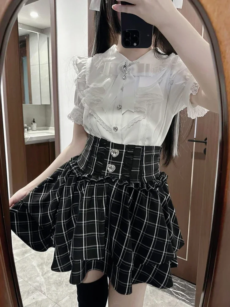 Japanese Sweet Lolita Ruffles Plaid Skirt Spicy Girls Party Kawaii Sweet Mini Skirts Y2k Casual A-Line Skirts Woman Chic