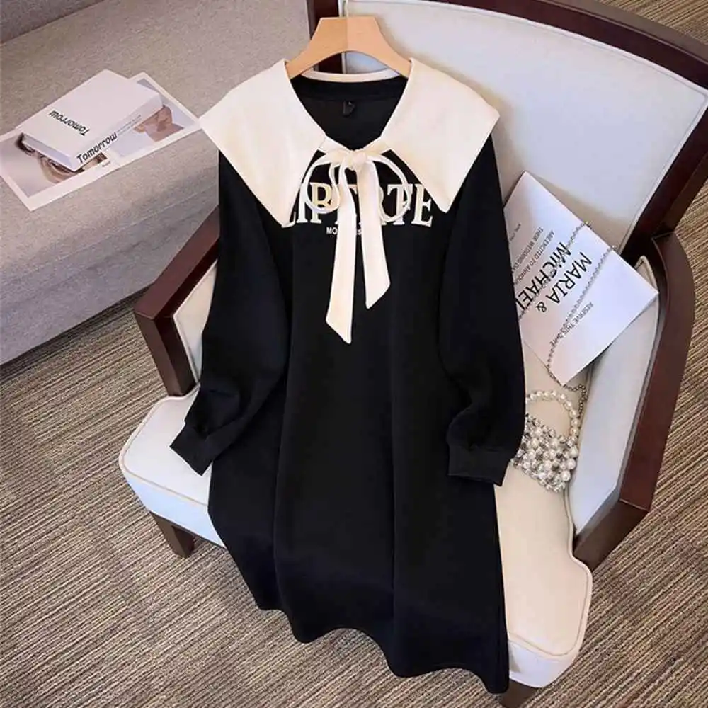 Plus Size 8XL 140KG Spring Women Black Dress Long Sleeve Big Collar Dress Ladies Casual Large Party Dresses