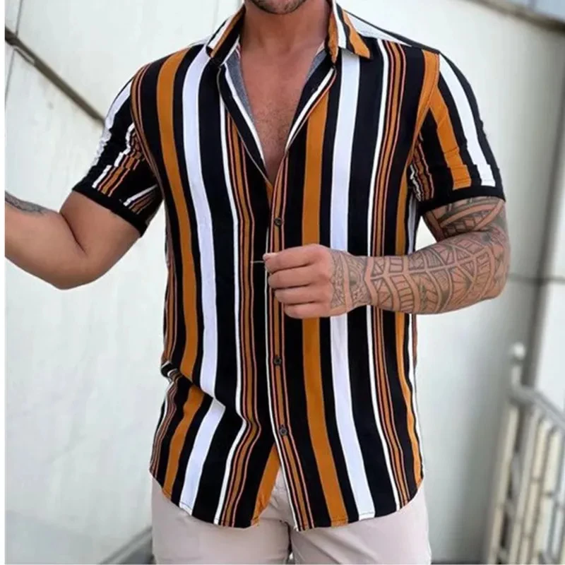 Men Shirt Man/Women Casual Fashion Pinstripe Pattern 3D Printed Short Sleeves Shirts Button Streetwear Oversized Unisex Clothing