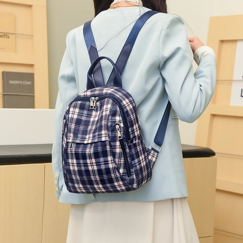 Trendy Versatile Women's Large Capacity Checkered Student Schoolbags Simple Casual Commuting Storage Oxford Bags