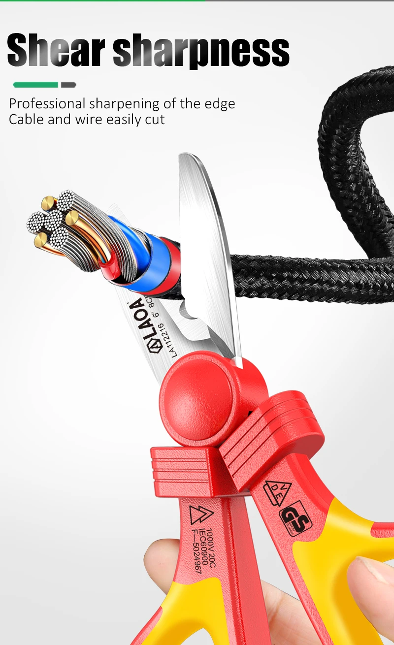LAOA VDE Elektrikerschere 1000 V isolierter Kabelschneider, gebogene Drahtschere, Crimpwerkzeuge – Detail 3