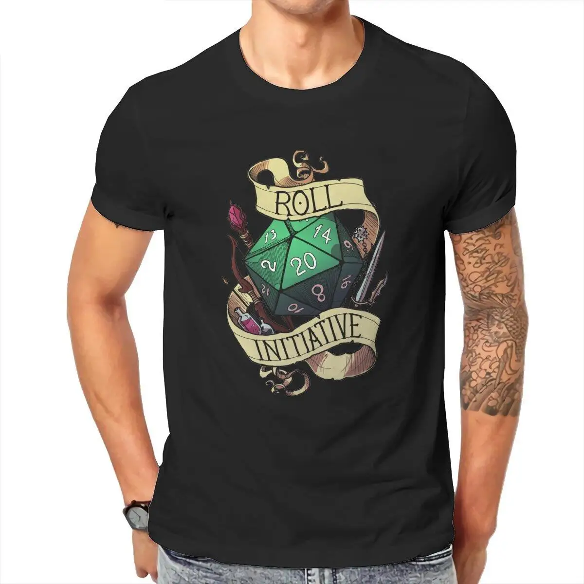 Men Roll Initiative  T Shirts Dnd D20 D&D Gaming Dice Pure Cotton Tops Short Sleeve Round Collar Tee Shirt Graphic T-Shirts