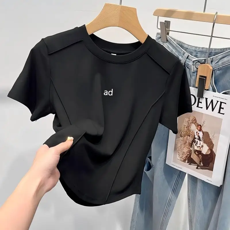 All line versatile 2026 new curved hem fishbone design slimming pure cotton short sleeved T-shirt top women's clothing