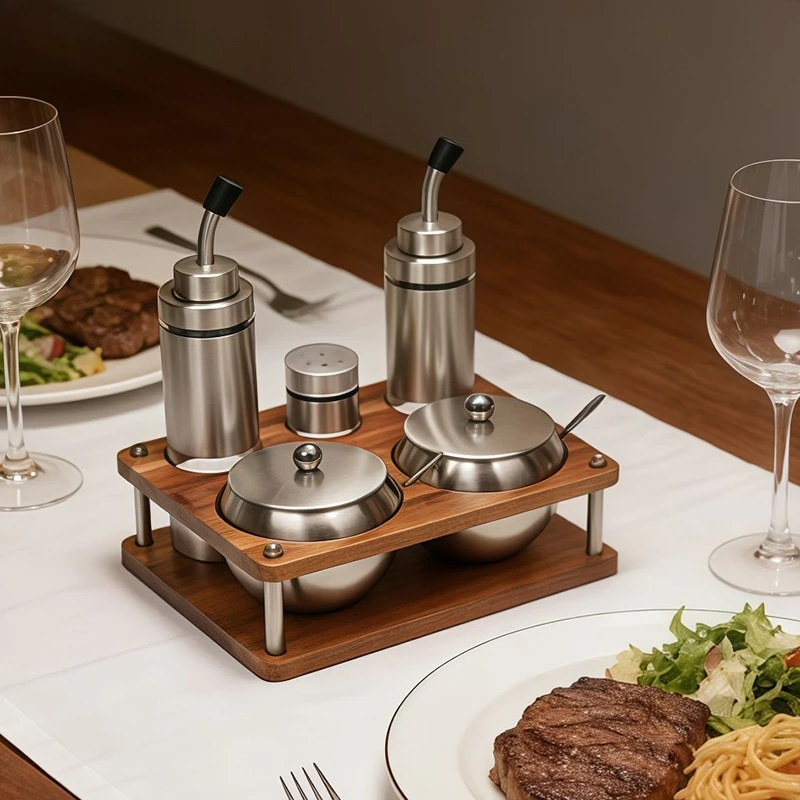 304 Stainless Steel Spice Jar Wooden Base Commercial Restaurant Oil Pot Daily Useful Home Room Salt Chili Decor Set Stand Shelf