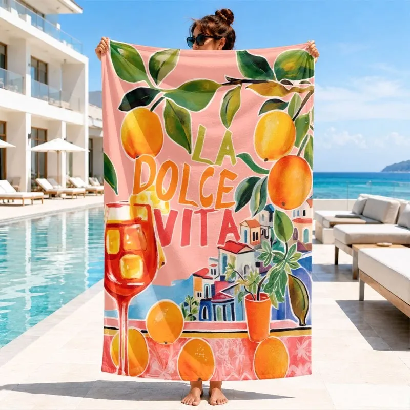 La Dolce Vita Orange Spritz Village Scenery Letter Print Quick Dry Beach Towel Mediterranean Summer Vacation Bath Towel