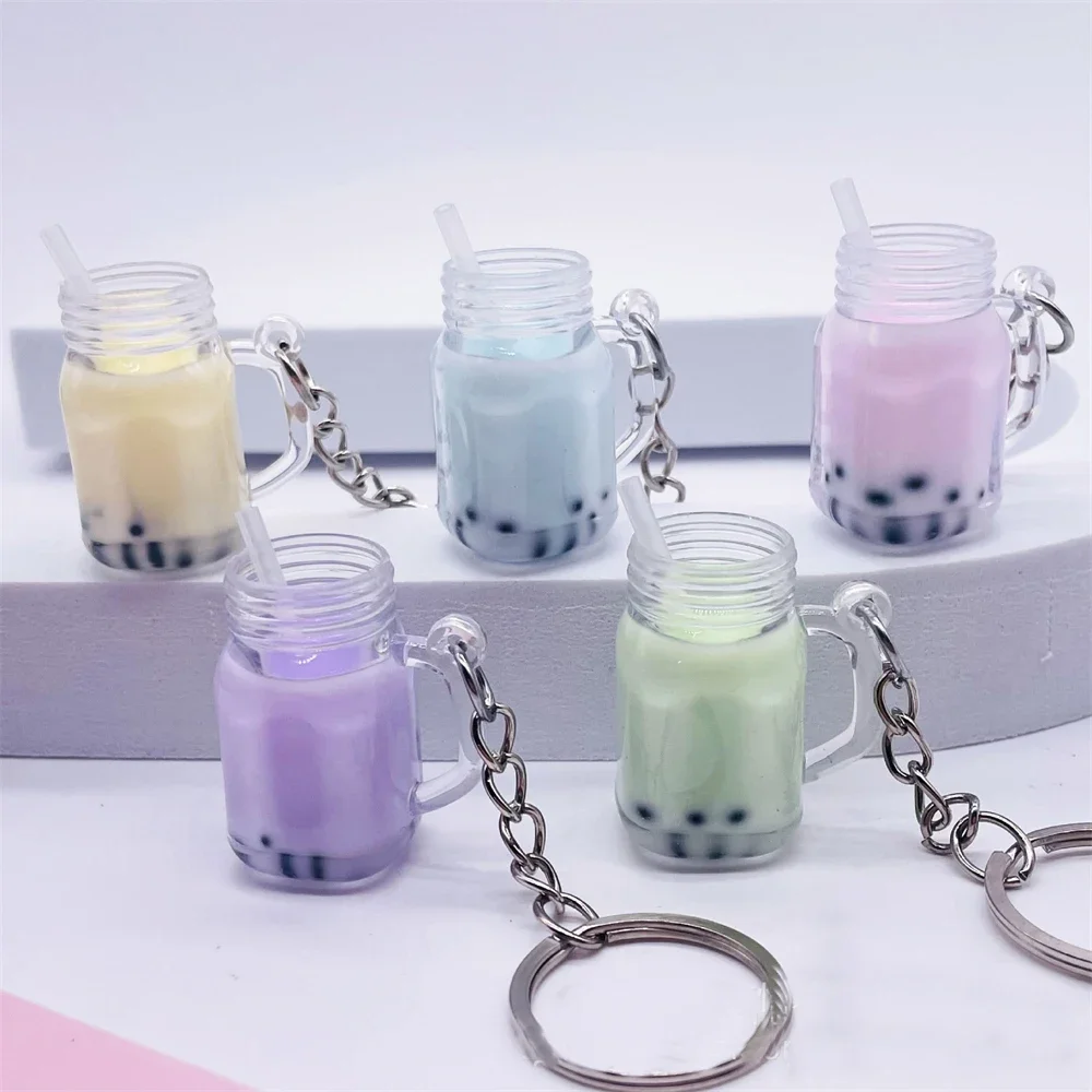 Funny Mini Bubble Tea Simulation Pearl Keychain Cartoon Acrylic Small Boba Milk Tea Cup Straw Key Ring Cute Bag Car Key Holder