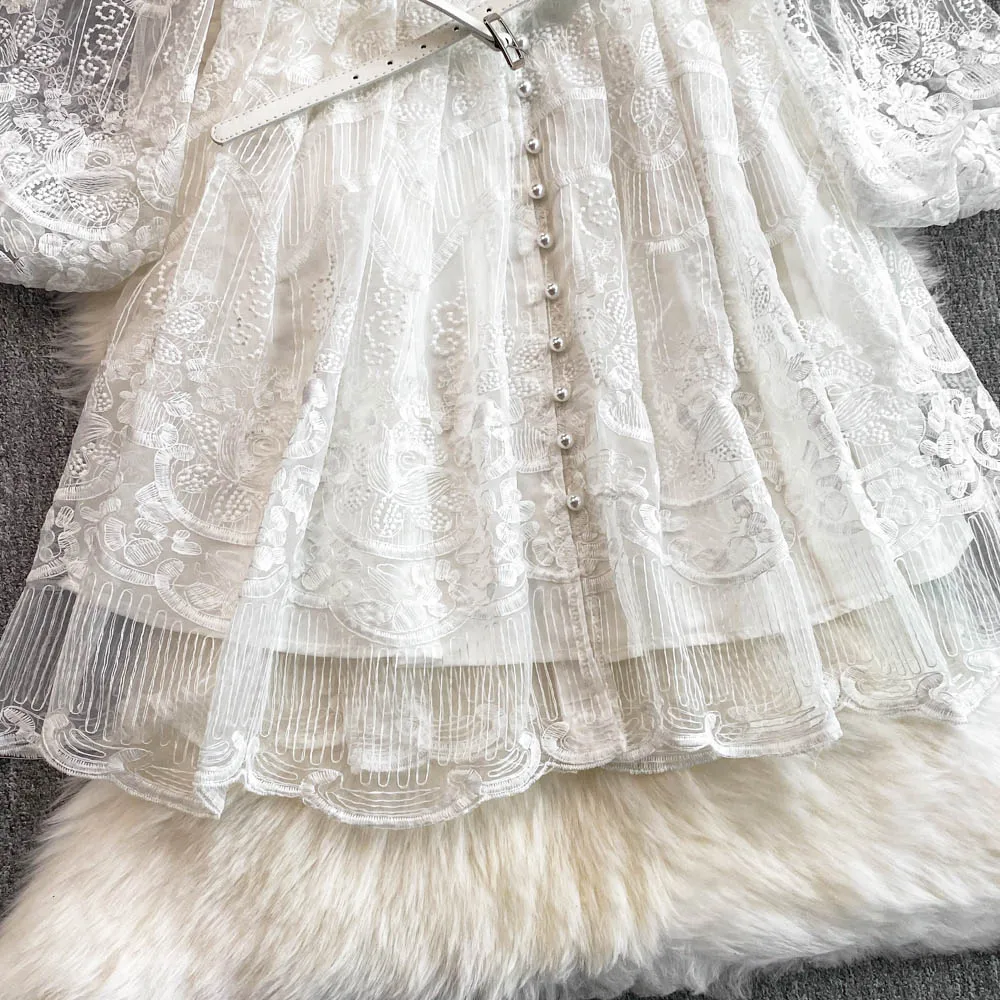 TWOTWINSTYLE Abito in maglia scavata solida di lusso leggero per le donne Scollo a V Manica lunga Ricamo A Line Dress Femminile Nuovo KDR 529841