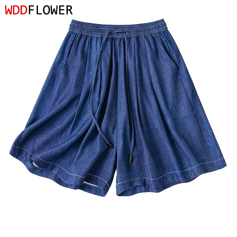 

70% Mulberry Silk 30% Cotton Spun Silk Denim Blue Color Elastic Waist Women Casual Shorts Summer Beach M1623
