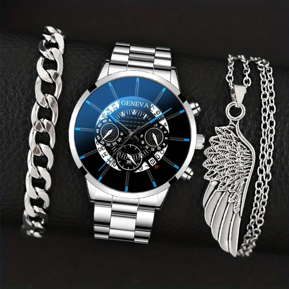 

3pcs/set, Fashion Business Stainless Steel Calendar Quartz Watch & Bracelet & Wings Pendant Necklace