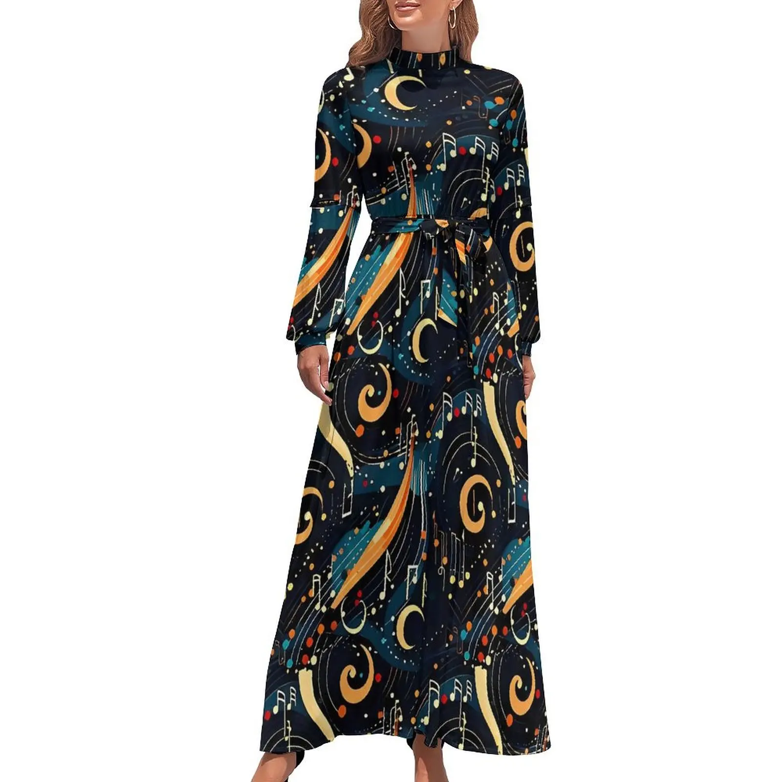 Modern Design Music Note Dress  Sexy Custom Maxi Dress High Waist Long-Sleeve Street Wear Boho Beach Long Dresses