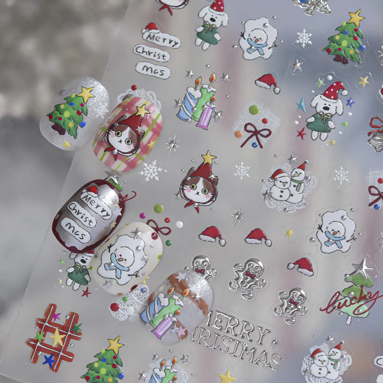 クリスマス漫画キティ子犬雪だるまクリスマスツリーギフトボック - Nail Art Xmas Stickers のレビューと価格