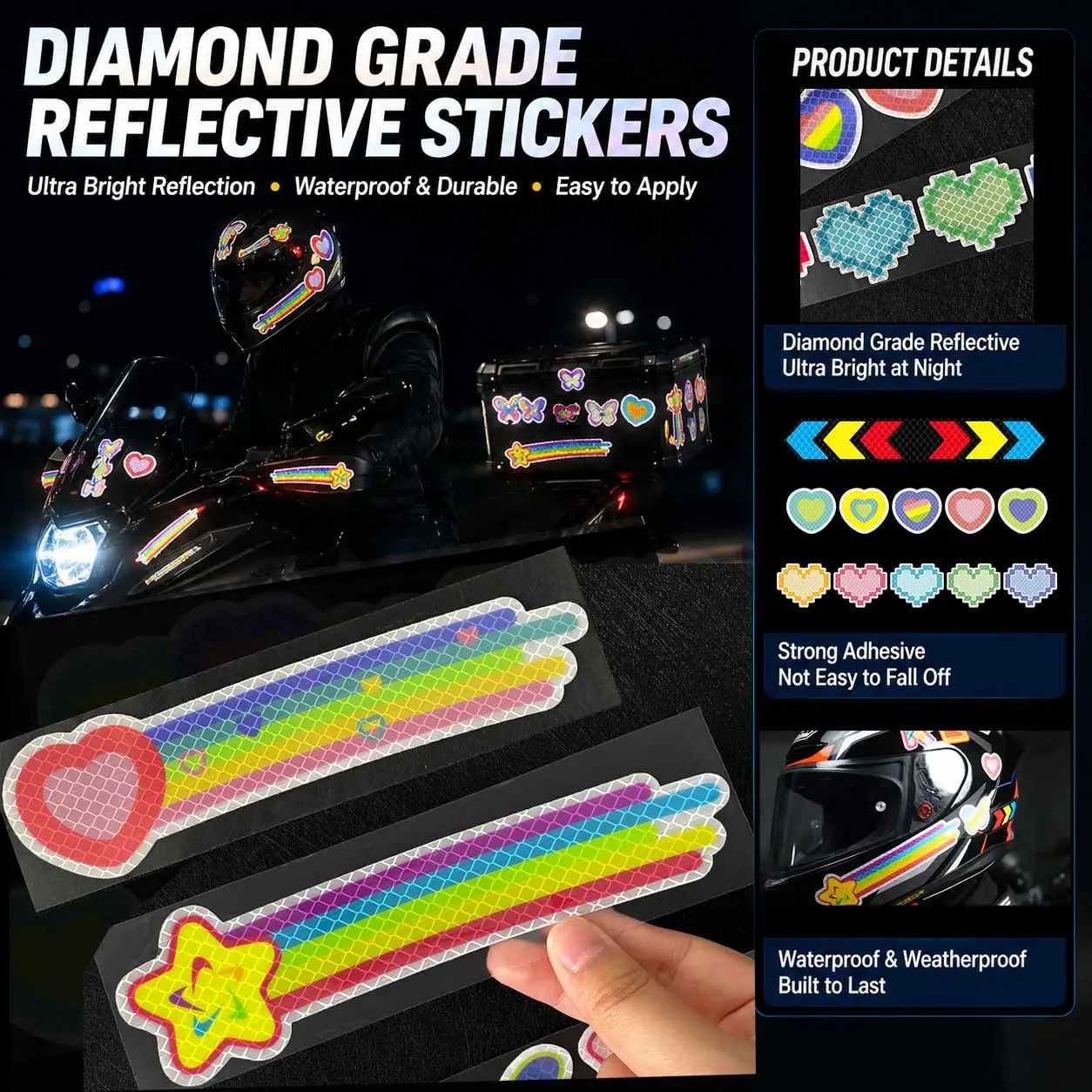 2PCS Soft Y2K DIY Strongly Reflective Motorcycle Sticker Moto Scooter Body Oil Tank Helmet Safety Waring Vinyl Accessories Decal