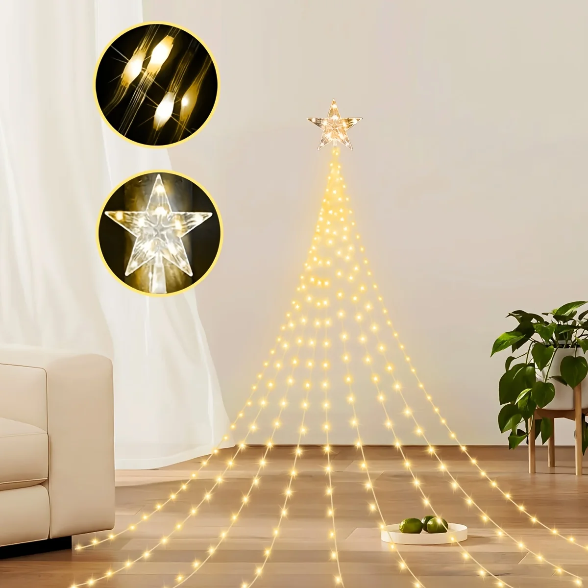 

Светодиодные фонари-водопад с рождественскими звездами на солнечной энергии, 8 режимов - украшение для внутреннего и наружного освещения для рождественской елки, сада, занавески