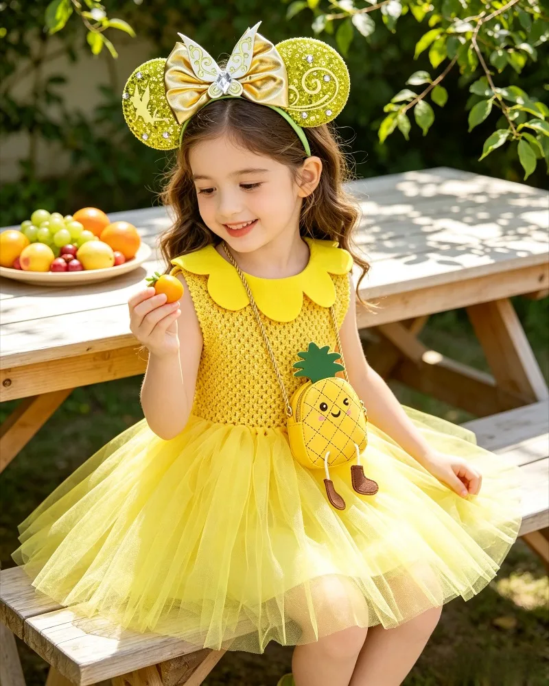 Halloween New Girls Yellow Pineapple Tutu Dress Set Voluminous Tulle Skirt With Decor Headband And Cute Mini Bag Fashion Apparel